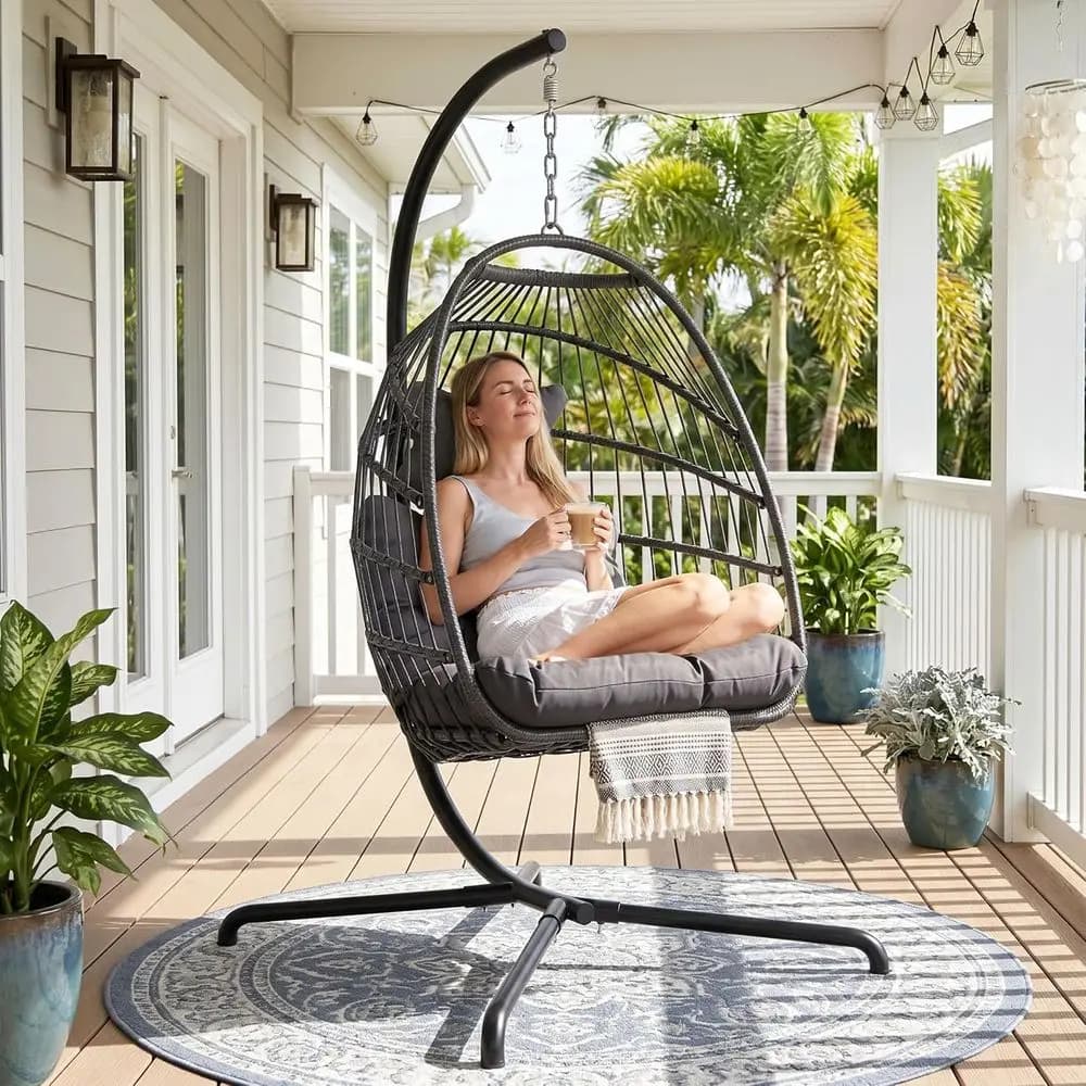 Outdoor Hanging Egg Chair with Stand, Foldable Egg Chair Swing with Fade-Resistant Cushion, 350 Lbs Heavy-Duty Wicker Hammocks w