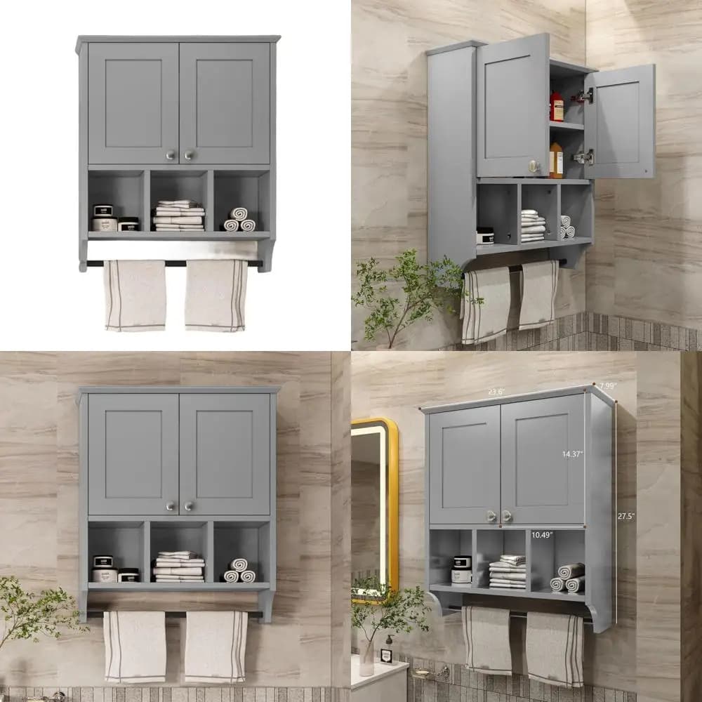 Mobiletto da Bagno Grigio a Parete con 2 Ante, 3 Ripiani e Portasciugamani, per Stoccaggio Sopra il WC