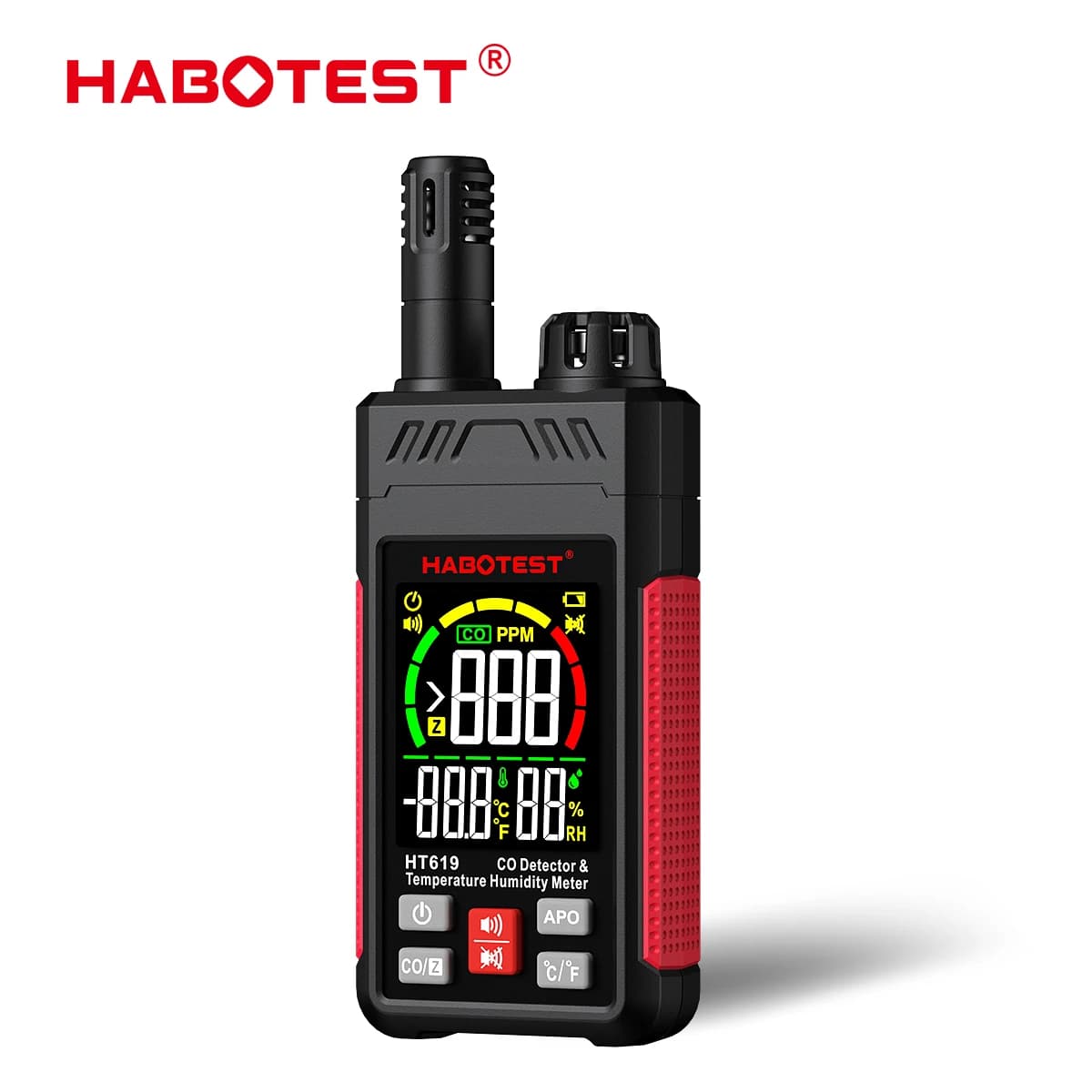 HABOTEST HT619 Carbon Monoxide Detector 0-1000PPM CO Gas Meter Temp Humidity Tester LED Bar Buzzer Alarm Auto Shutdown Device