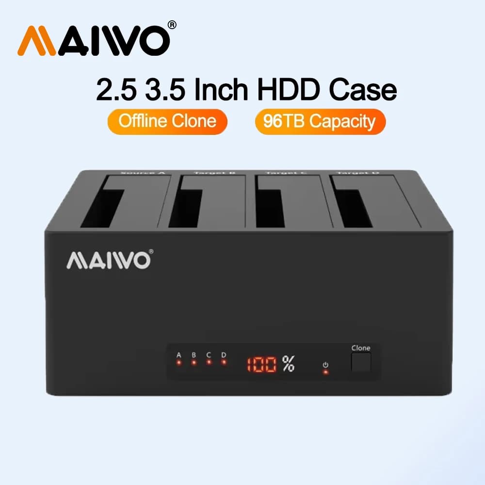 MAIWO Box Esterno per 4 Dischi Rigidi con Clonatore per HDD/SSD SATA da 2.5 e 3.5 Pollici, USB 3.0, Display LED e Supporto UASP