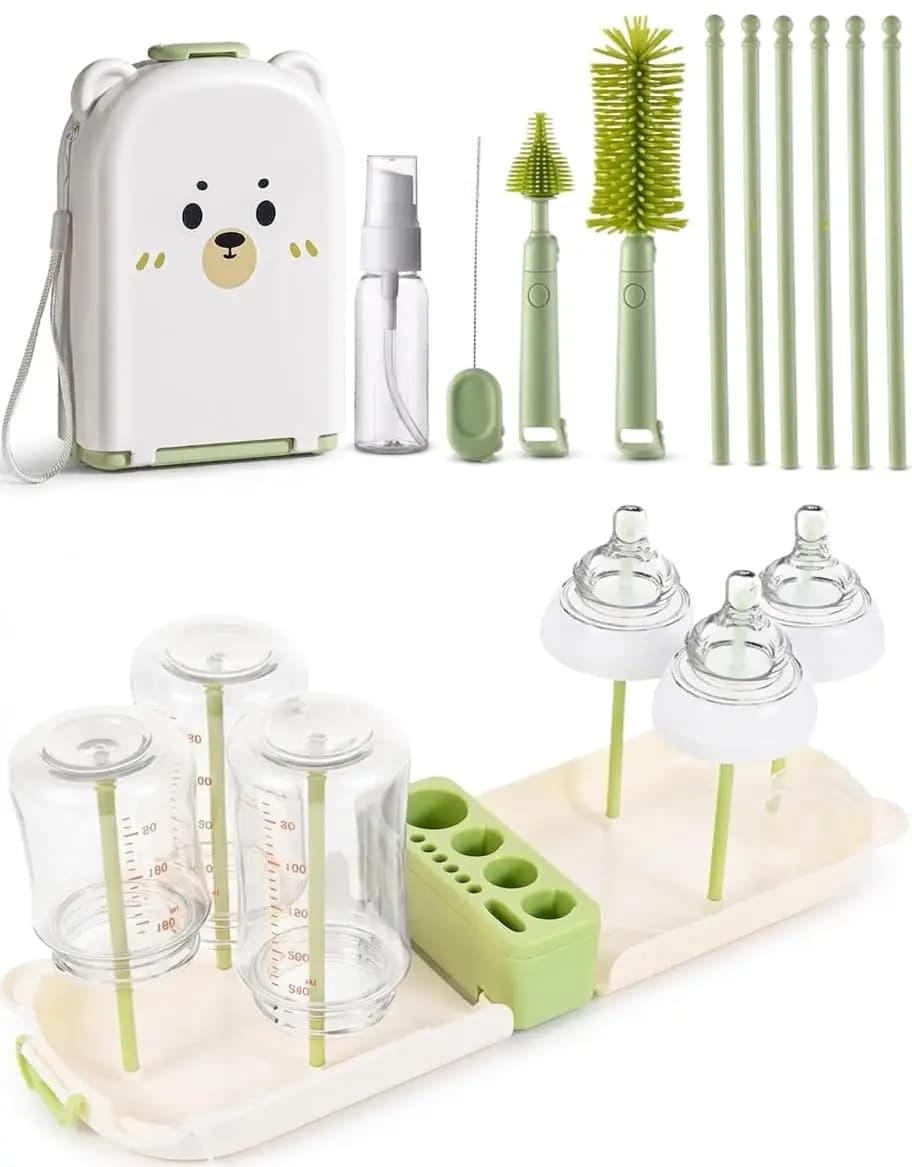 Kit di Pulizia per Bottiglie da Viaggio 7-in-1: Spazzole in Silicone, Supporto per Asciugatura e Dispenser di Sapone per Articoli Essenziali per Bambini