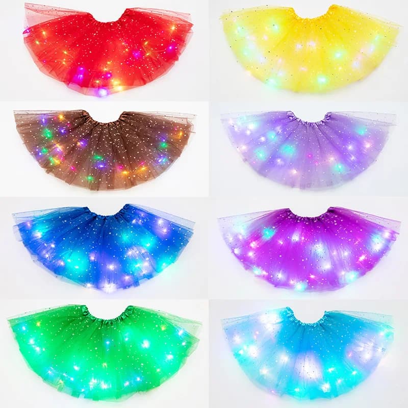 Gonna soffice a LED luminosa Gonna a pieghe per danza classica a strati per ragazze Abito corto illuminato in tulle per la festa di compleanno che indossa un costume
