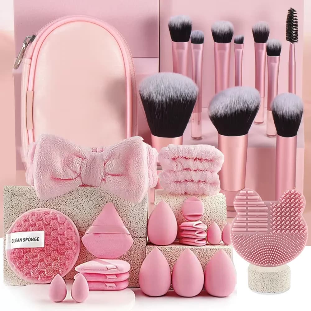 Makeup Brushes and Sponges Set, Pink Makeup Puff, Beauty Egg, Headband, Wristband Remover Kit, Makeup Tool, Gift 21-32pcs