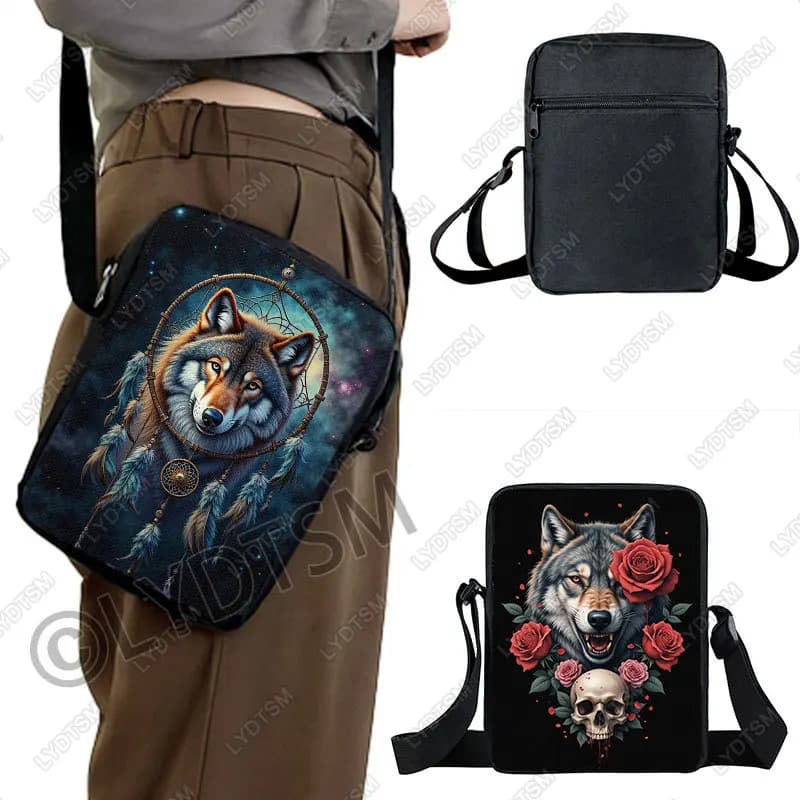Galaxy Wolf Dreamcatcher Print Crossbody Bag Cool Wolf Moon Women Handbag Shoulder Bag Messenger Bag Phone Key Wallet Holder