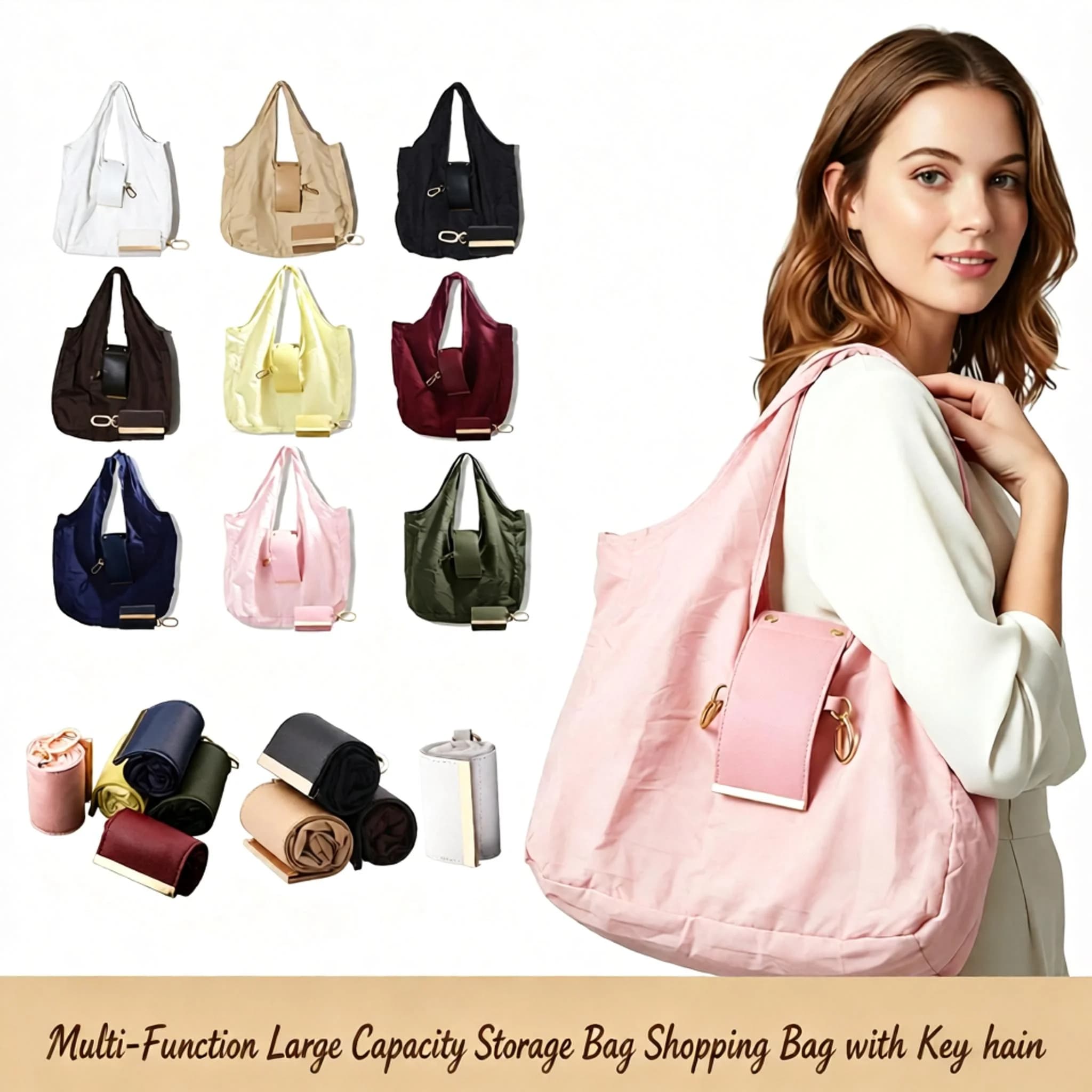 Foldable Reusable Shopping Bag Large Capacity Nylon Shoulder Tote Keychain Pouch Eco‑Friendly Bag for Grocery Travel Women Gift