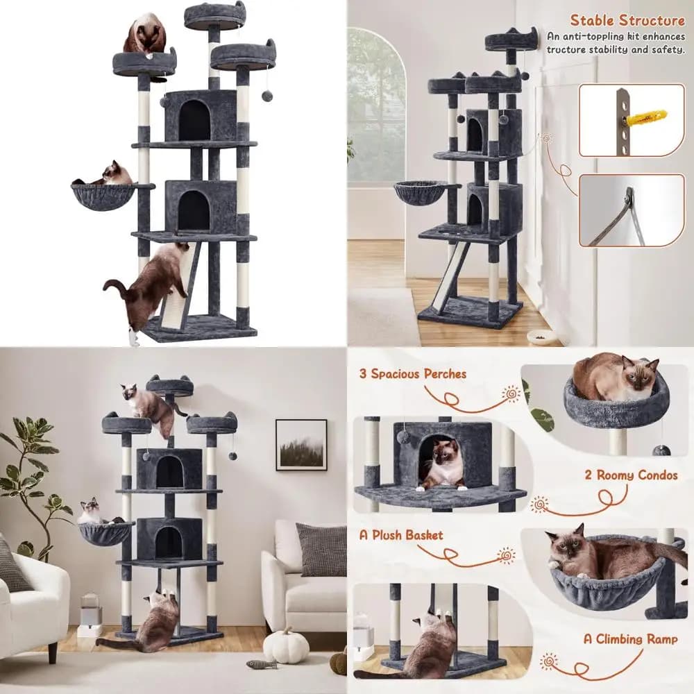 Torre per gatti multilivello da 76 pollici con grande condominio e grucce accoglienti: casetta da gioco stabile con tiragraffi rivestiti in sisal