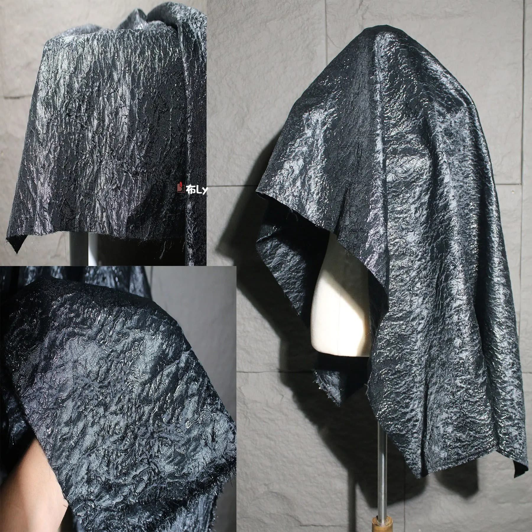 Tessuto Nero con Texture Casuale 3D e Effetto Stropicciato, Silhouette Strutturata per Cappotti e Abiti Creativi, Materiale per Designer di Moda
