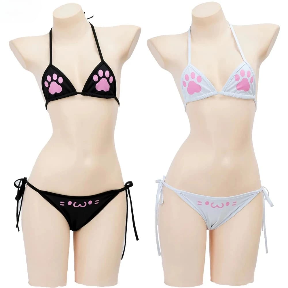Costume da Bagno Bikini a Tre Pezzi con Motivo Zampa di Gatto per Donna, Set Intimo Kawaii Anime, Costume Cosplay