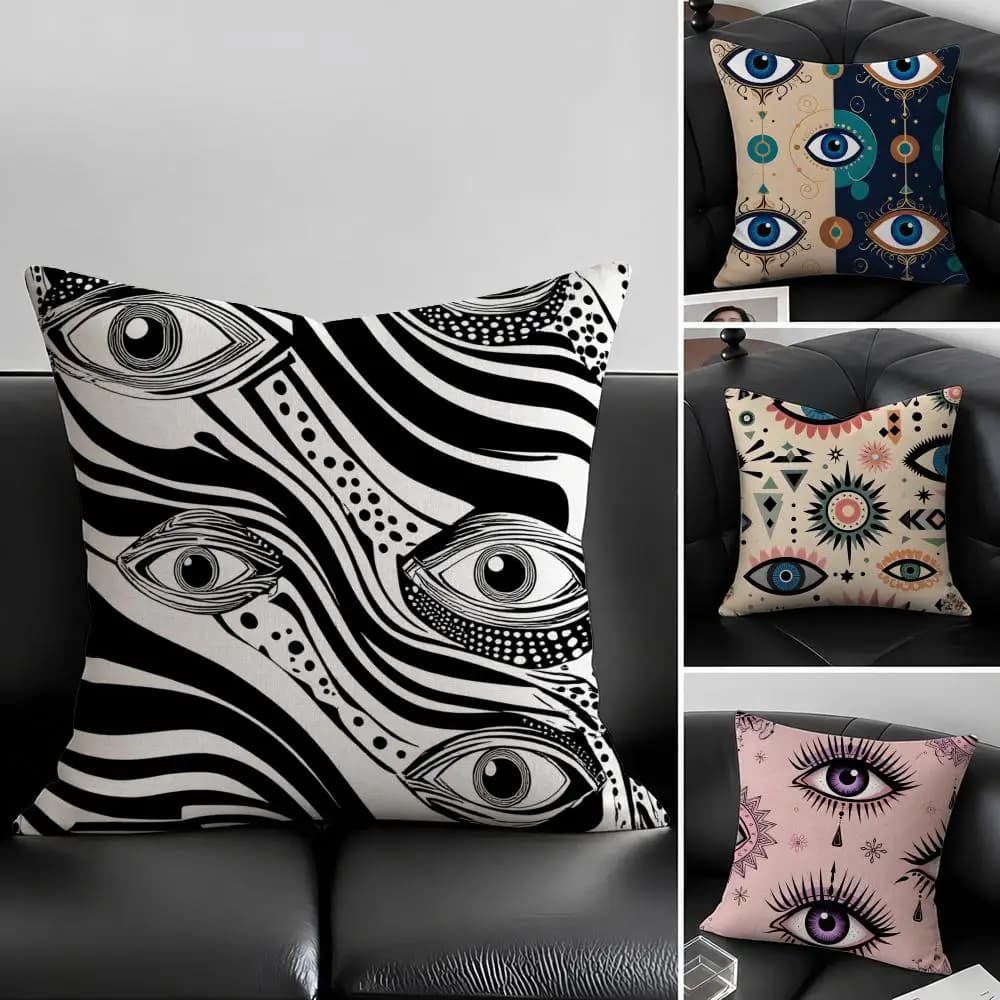 Set di fodere per cuscini in lino naturale con stampa E-Eye, decorazione completa per divano, camera da letto e sedia