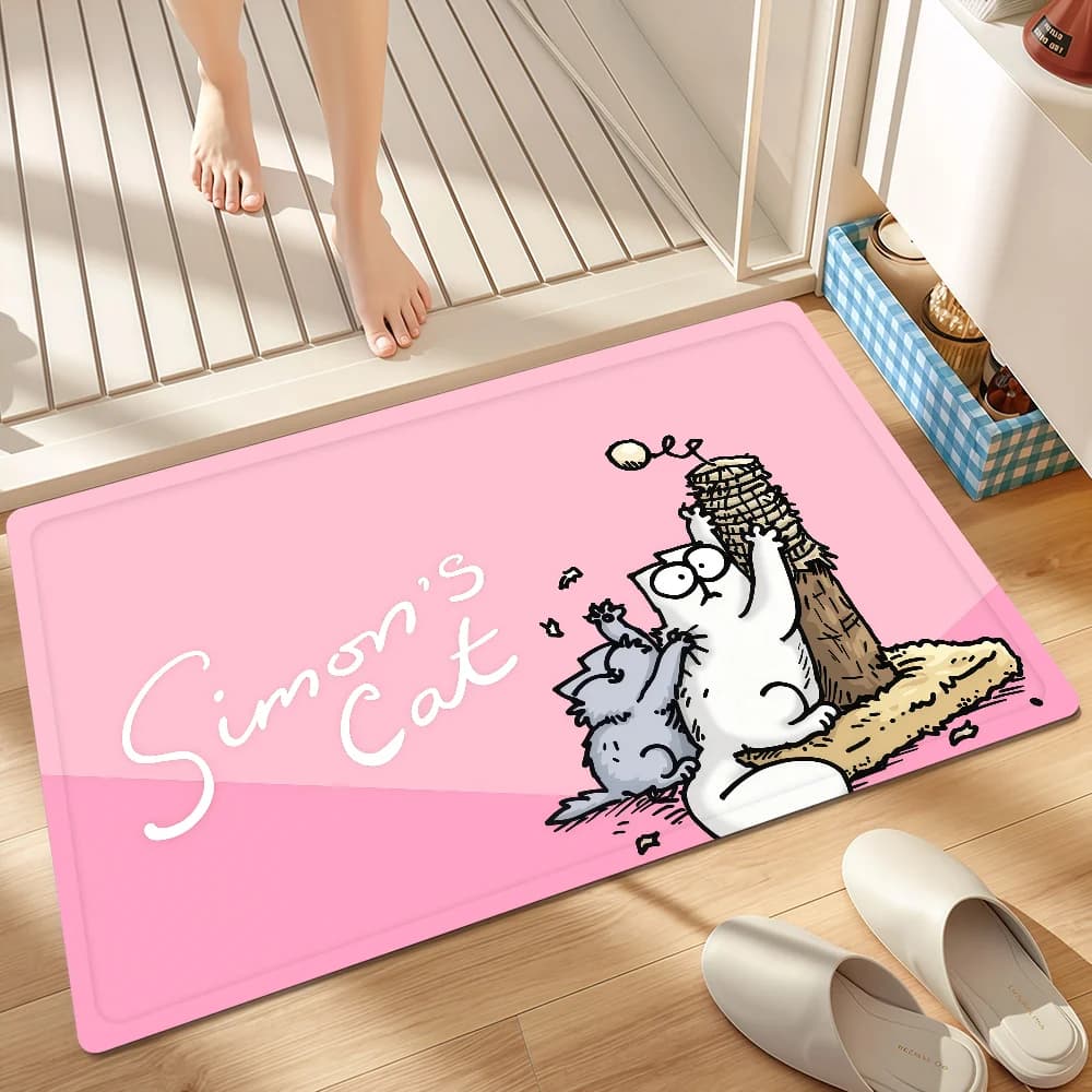 Tappeto Zerbino Decorativo per Ingresso, Bagno, Corridoio, Soggiorno e Balcone, con Motivo Gatto Cartone Animato, Stile Carino, C-Cat Simon