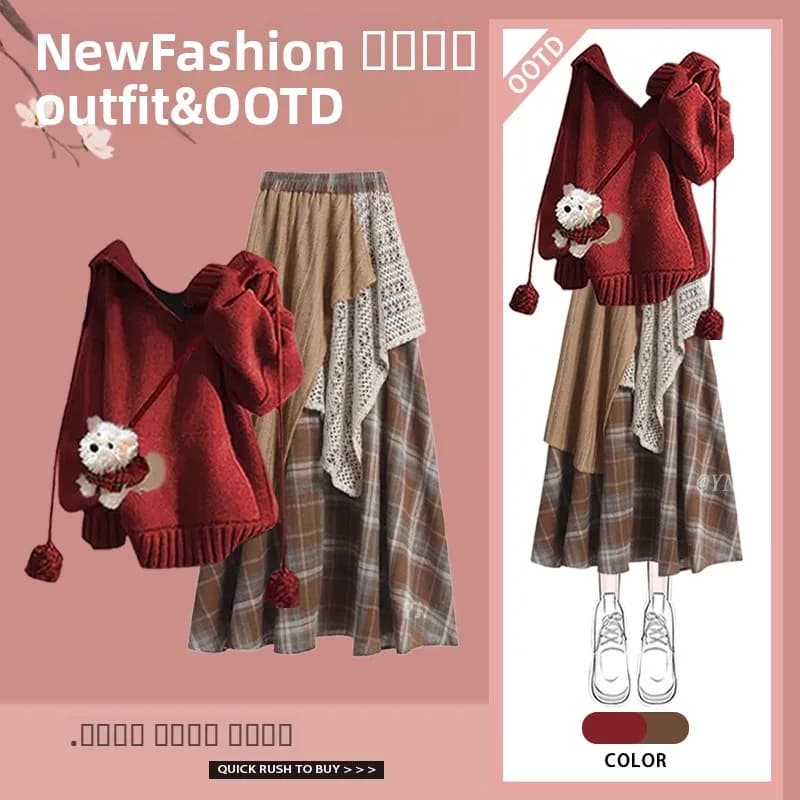 Set con felpa con cappuccio e gonna rossa per la festa del Capodanno cinese, completo alla moda da donna, top con cappuccio a maniche lunghe e gonna patchwork