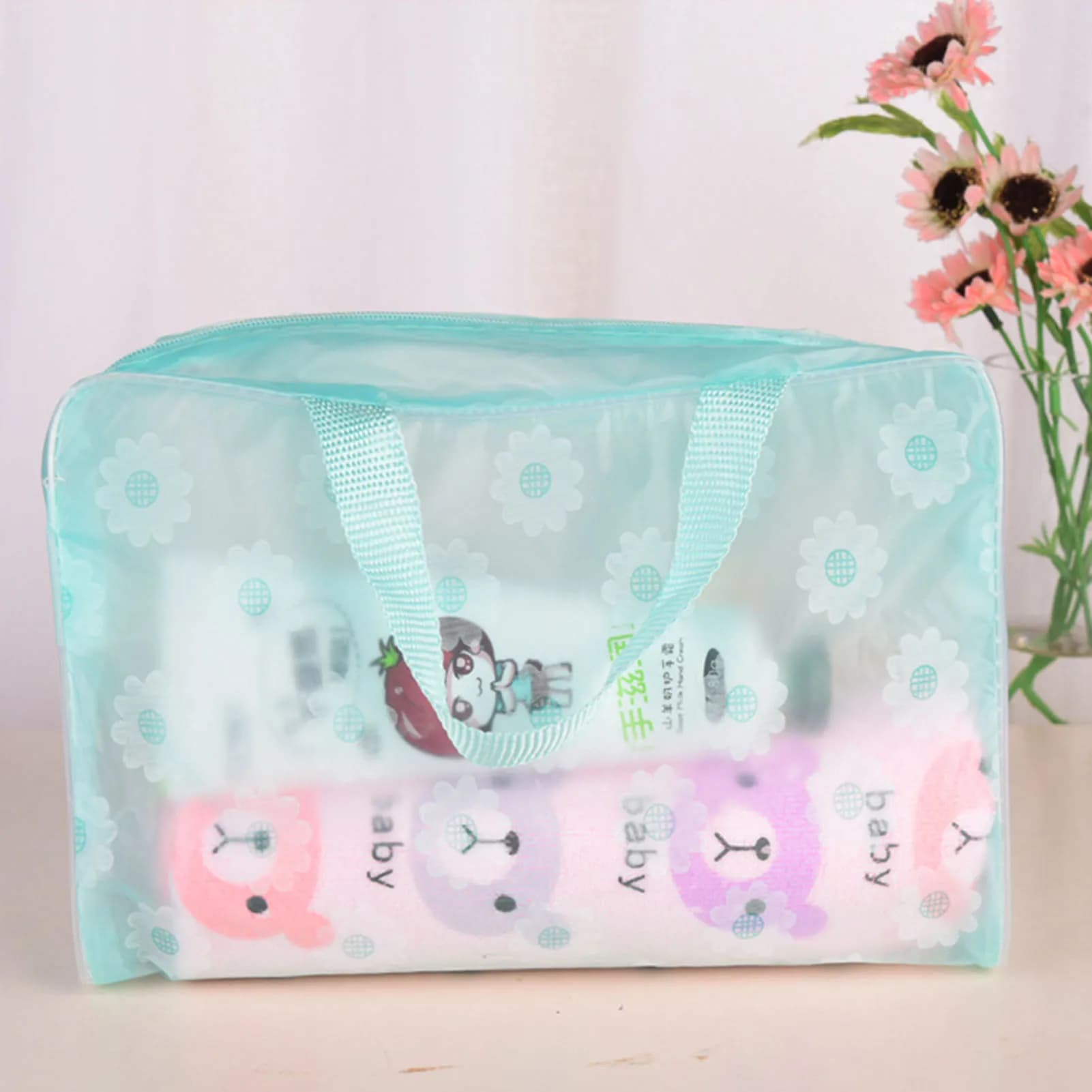 Borsa cosmetica trasparente floreale impermeabile Organizzatore da toilette da viaggio Custodia per trucco in PVC con manico per donna 20x9x16 cm