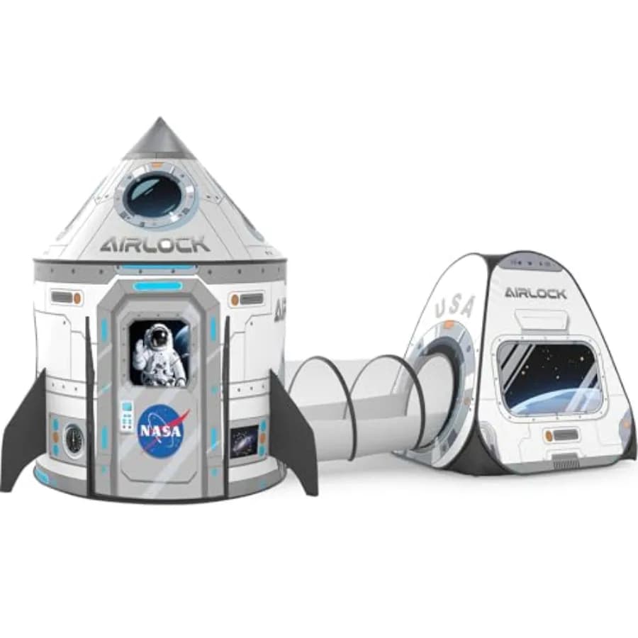 Set di 3 Tende Gioco a Forma di Razzo per Bambini: Tenda Pop-Up a Forma di Astronave con Tunnel per Gattonare, Piscina di Palline e Tenda Castello - Tenda da Gioco