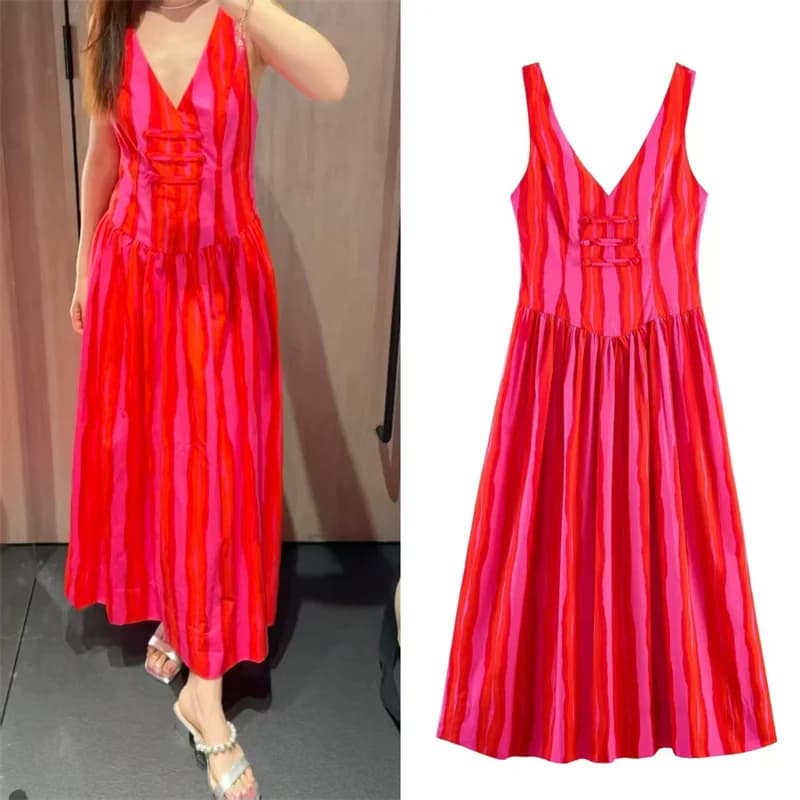 2026 Summer New Style Women's Dress Red Striped Sleeveless V-Neck Long Dress with Knot Decoration Beach Vacation Fashionable
