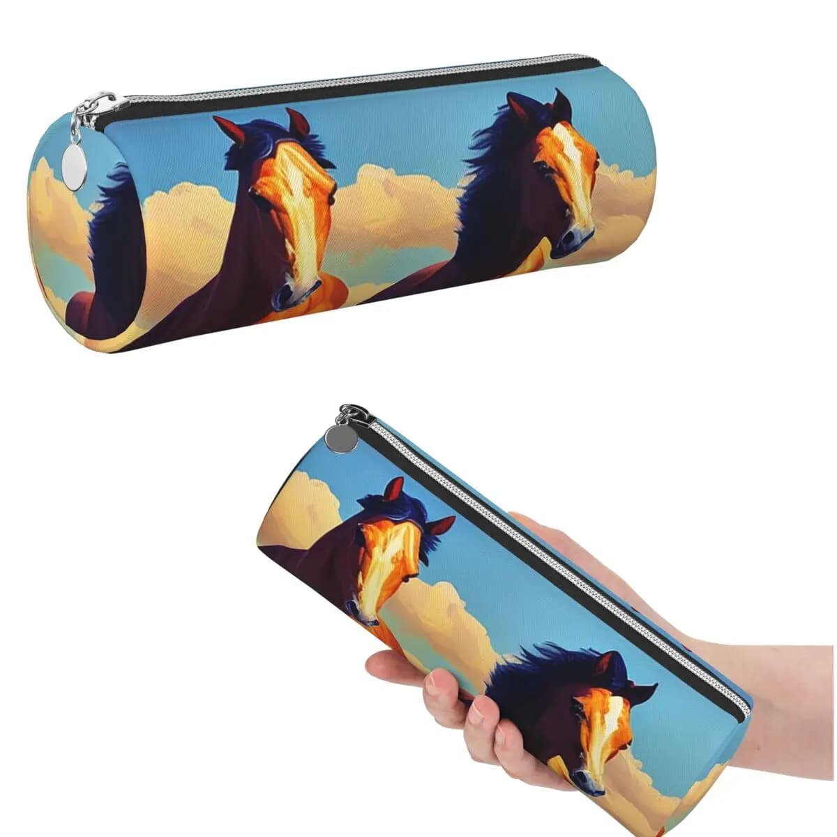 Astuccio cilindrico per matite a tema cavallo e equitazione per ragazzi e ragazze, porta penne e articoli di cancelleria per la scuola