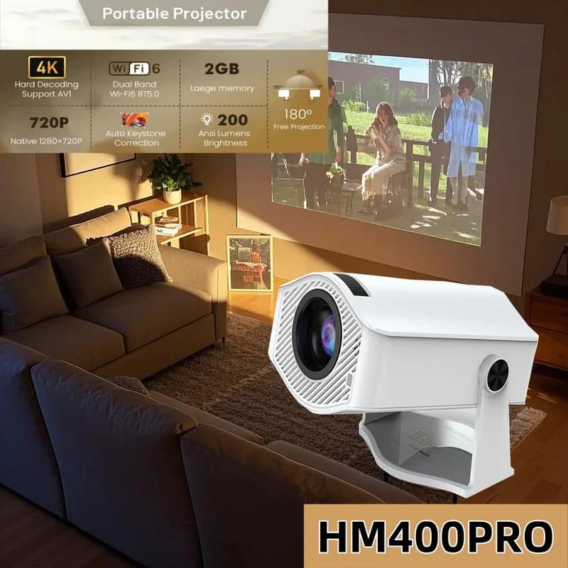Nuovo Proiettore HM400 Pro 2026 con Android 11, Display Grande, Dual Wi-Fi 6, BT5.2, Proiettore Cinema Portatile 720P, Versione Aggiornata 1280*720P