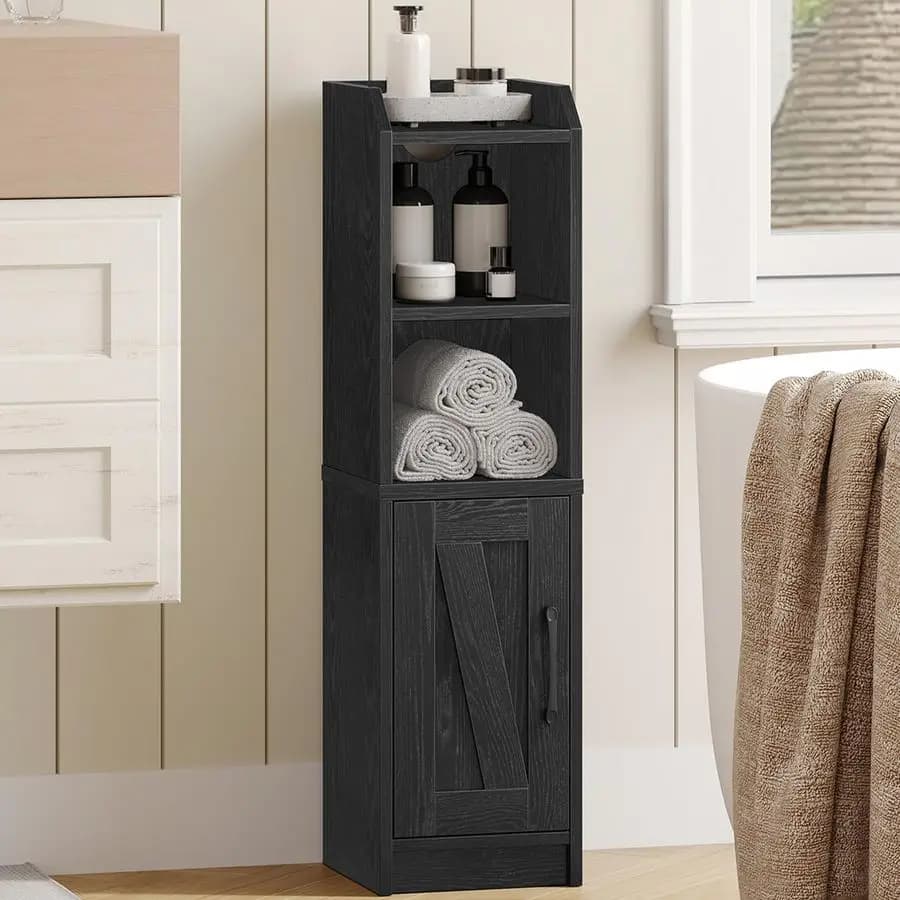 Mobiletto portaoggetti, piccolo mobiletto angolare da terra in stile rustico con anta e ripiani, porta carta igienica stretto, organizer da bagno
