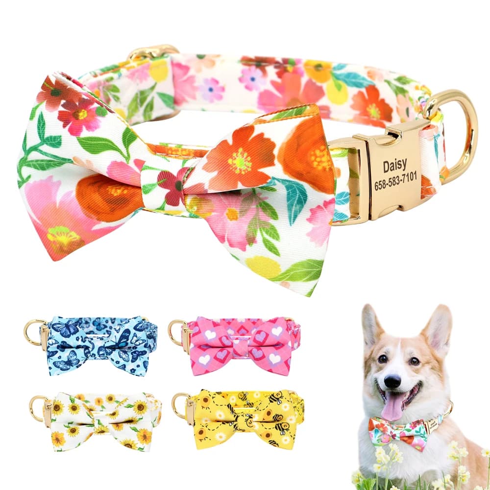 Personalized Dog Collar Printed Girl Dog Collars With Flower Bowtie Free Engraved Dog Nameplate Necklace For Small Medium Dogs