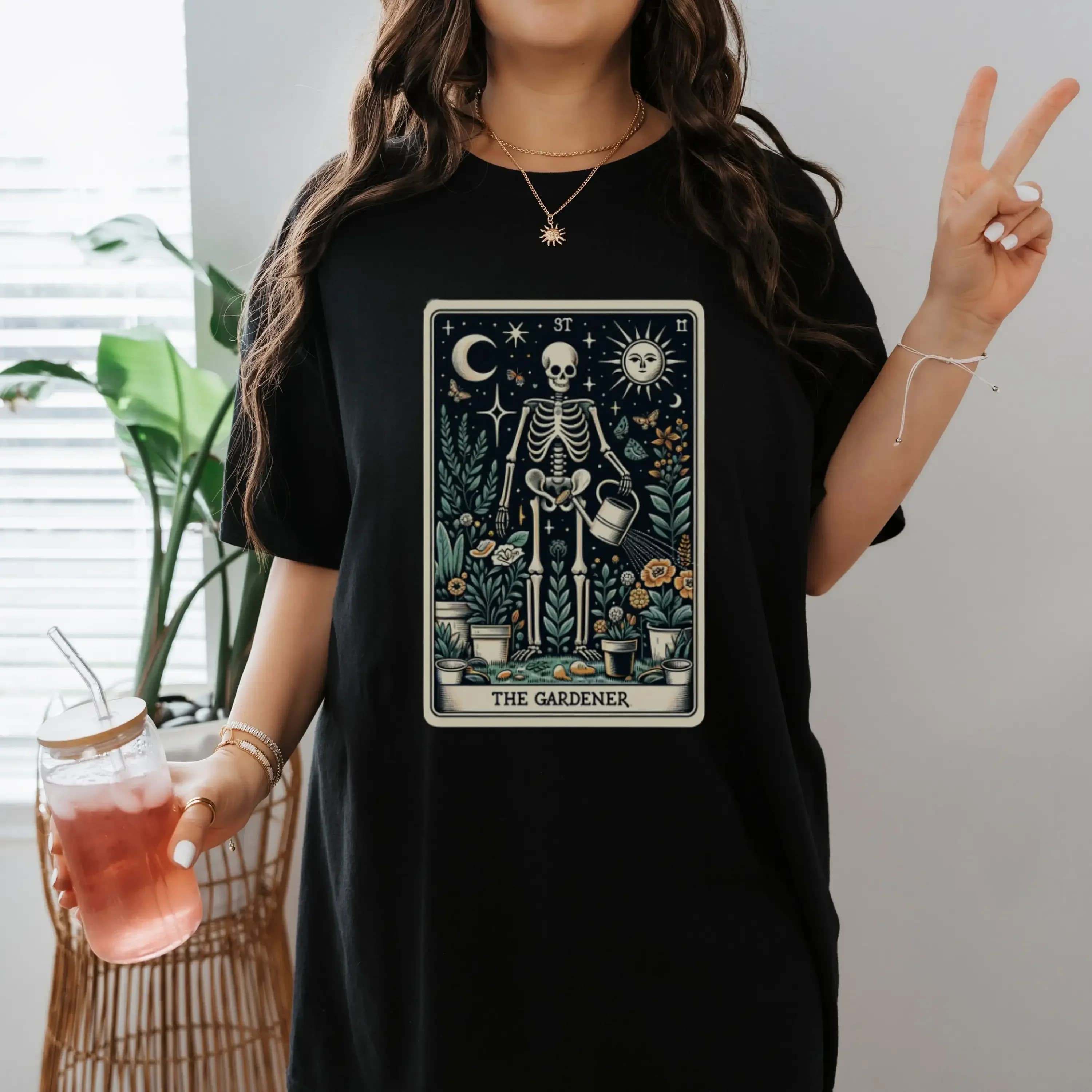The Skeleton Gardener T Shirt Tarot Oracle Card Gardening Plant Lover Cotton For