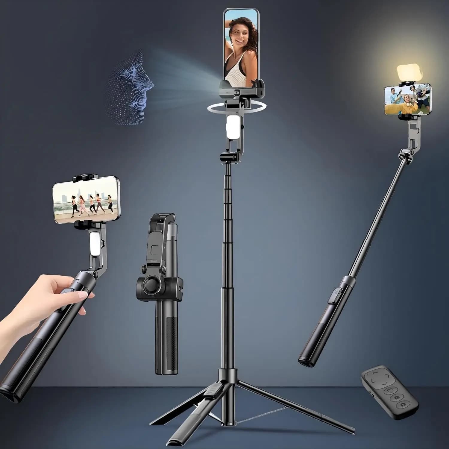Treppiede Selfie Stick da 71 Pollici per iPhone/Android, con Tracciamento Automatico del Viso e Luce, Stabilizzatore Gimbal Potenziato a 360°