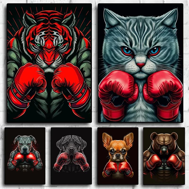 Abstract Chihuahua-Dog Tiger Cat in Boxing Gloves Portrait Poster Canvas Painting and Prints Wall Art HD Pictures Home Gym De