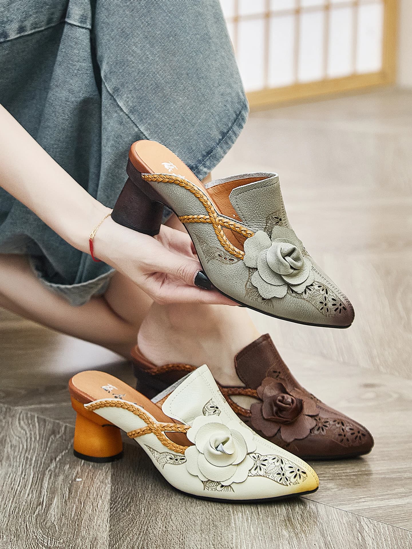 Retro Style Women's Mule Slippers Hollow out High Heel Genuine Leather Slip-On Summer Sandals Breathable Pigskin Footbed