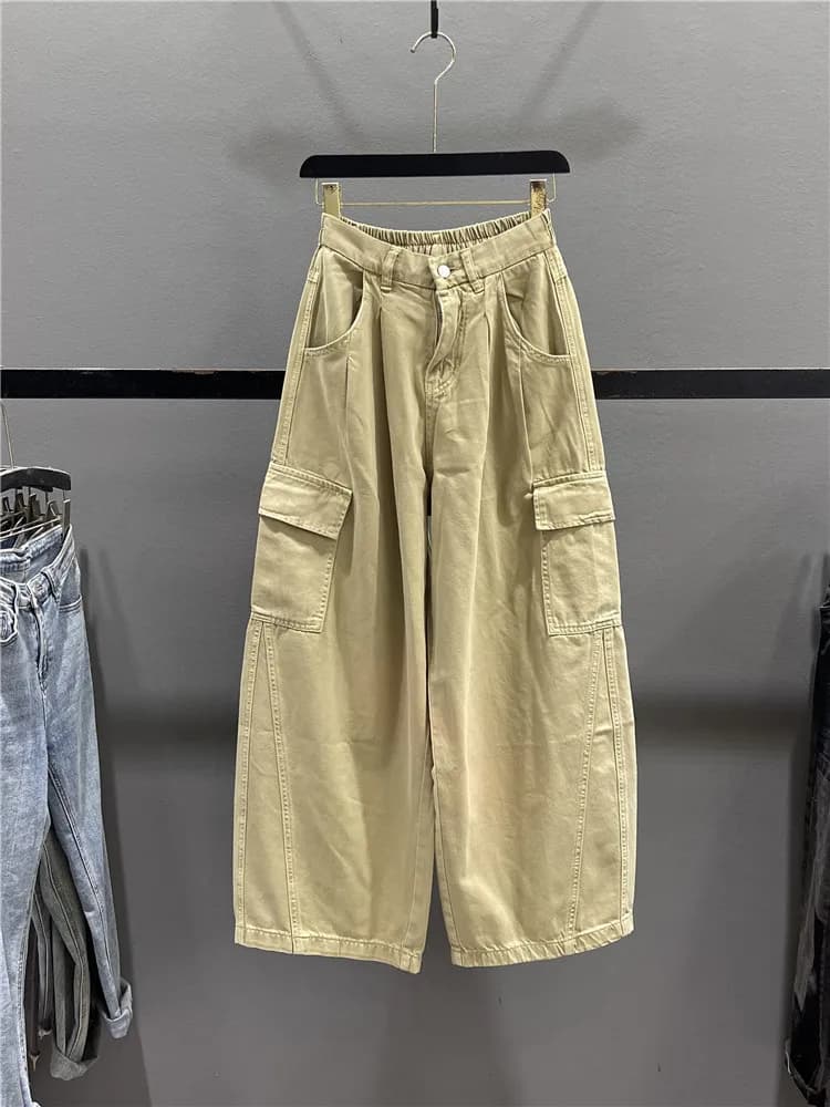 American Retro Khaki Workwear Jeans Women's High Waist Loose Casual Balloon Wide Leg Pants Summer New Style Casual Jeans
