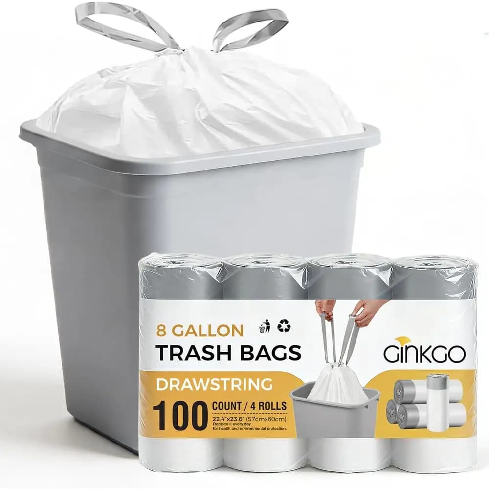 Sacchi per la Spazzatura con Cordoncino da 8 Galloni, Sacchetti Antiperforazione da 30L per Cestini da Bagno, Confezione da 100 per Ufficio e Camera da Letto