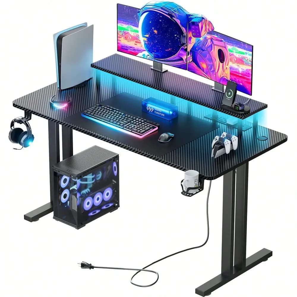 Scrivania da Gaming con Luci LED e Presa di Corrente, Tavolo Ergonomico in Fibra di Carbonio con Supporto per Monitor, per Casa e Ufficio