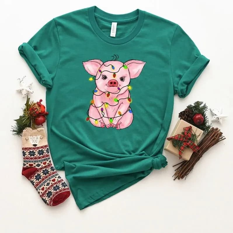 Christmas Pig T Shirt Farmer Lover Mom Pajama LighT Animal