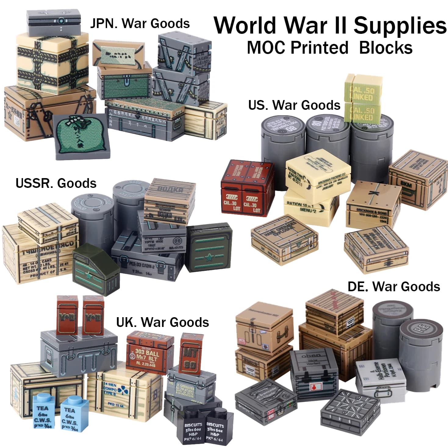 MOC WW2 articoli da guerra militari tedeschi stampati Kit di blocchi di costruzione armi soldati statunitensi forniture di guerra dell'esercito mattoni assemblare giocattoli ragazzi