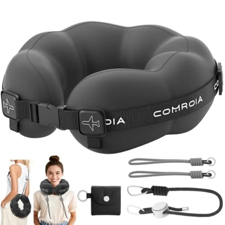 Travel Neck Pillow for Airplane Sleeping 360° Head Support Prevents Bobbing, 100% Memory Foam Ergonomic Neck Cushion with No-Ca