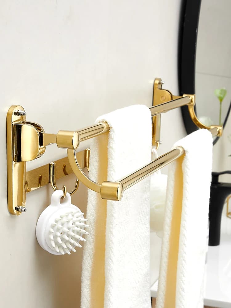 Portasciugamani in acciaio inossidabile, bagno dorato, senza perforazione, portasciugamani pieghevole da bagno con gancio, portasciugamani da bagno a doppia barra.