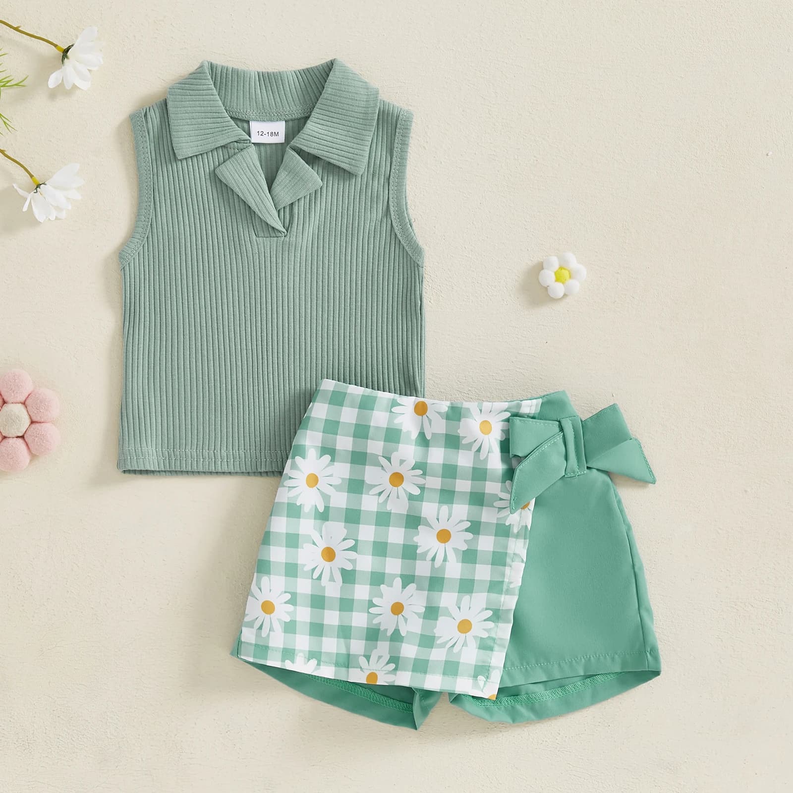 Completo estivo da bambina 2 pezzi: top senza maniche con risvolto + gonna pantaloncino floreale con fiocco - Set abbigliamento per neonate e bambine