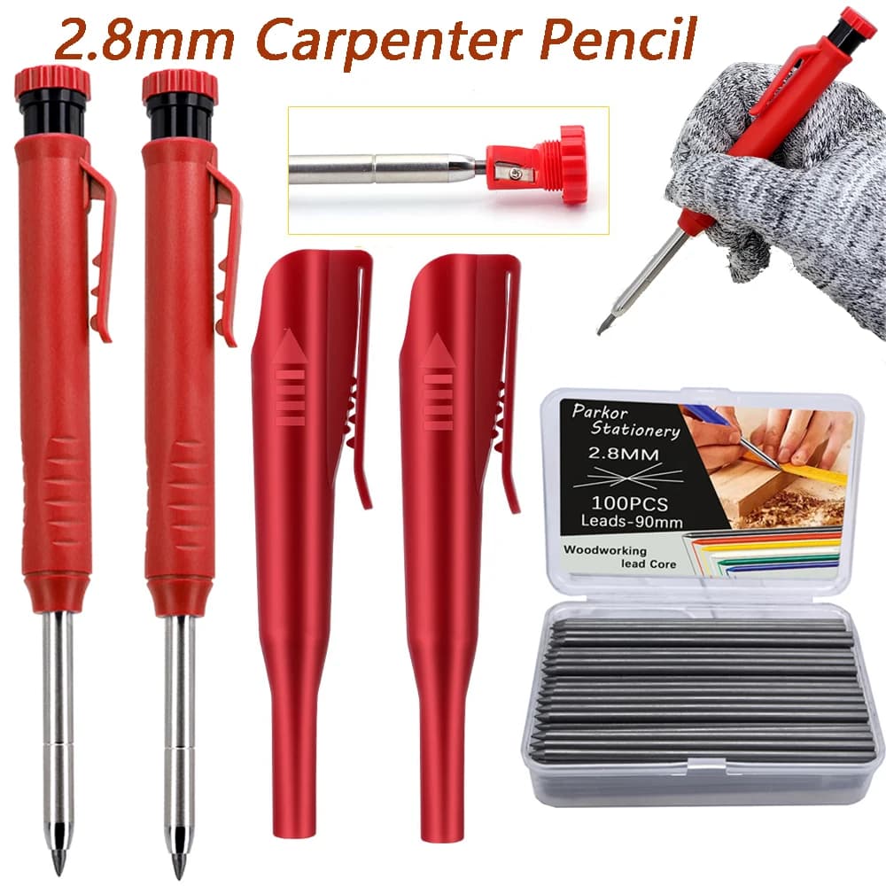 2.8mm Deep Hole Woodworking Pencil Set With 100pcs Lead Refill, 2 Pen Cap,For Architectural Engineering Drawing Tools