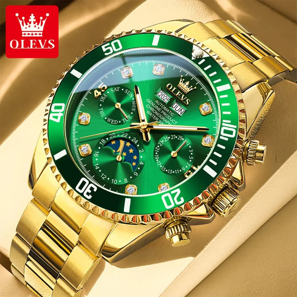 OLEVS 6729 Orologio da uomo meccanico automatico di lusso originale Doppio calendario Display Fasi lunari Orologio da polso impermeabile per uomo