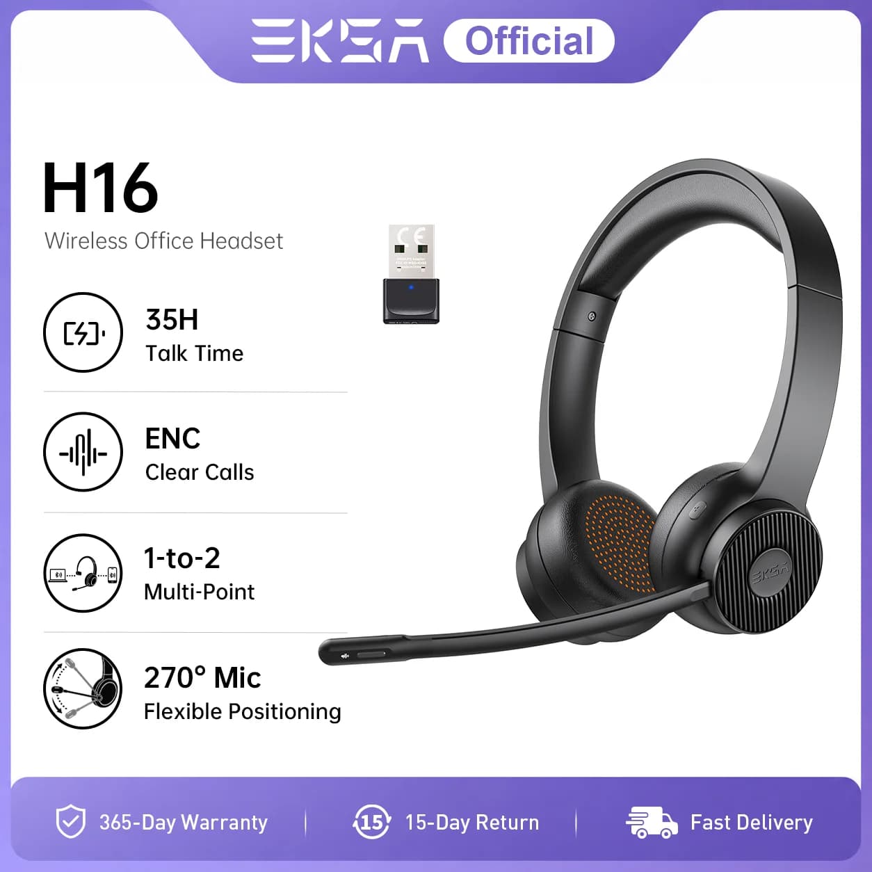 EKSA - Cuffie Bluetooth 5.2 H16, cuffie wireless per PC, microfono AI ENC, tempo di conversazione 35 ore, con dongle USB per ufficio/call center