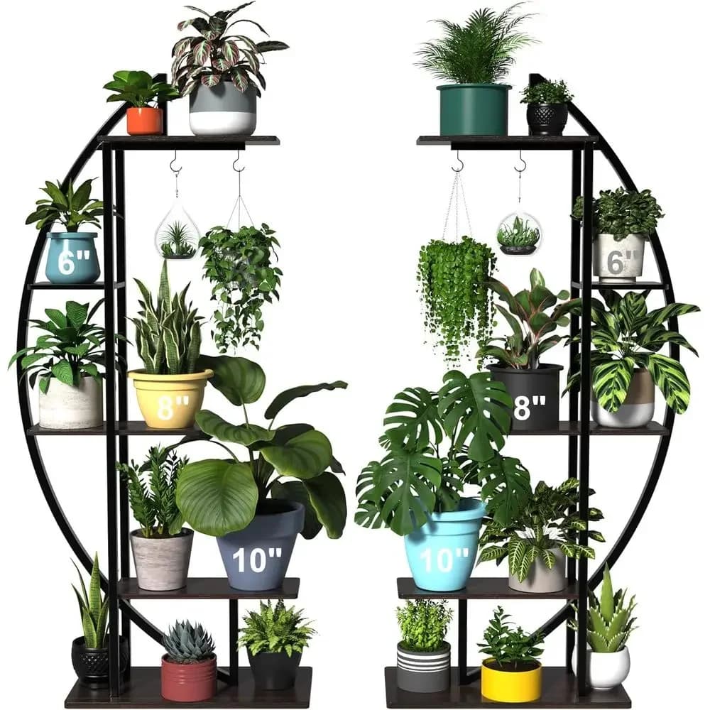 71 Tall Indoor Metal Plant Stand with Hanging Hook and Spacious Lower Rack for Up to 10 Pots