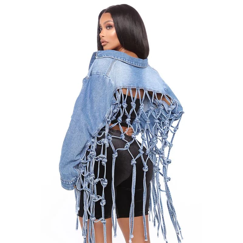 Fit Crop Tops Back Grid Tassel Denim Jacket for Women Long Sleeve Pocket Jacket Femme Overcoat Single Breasted Chic Jean Coat
