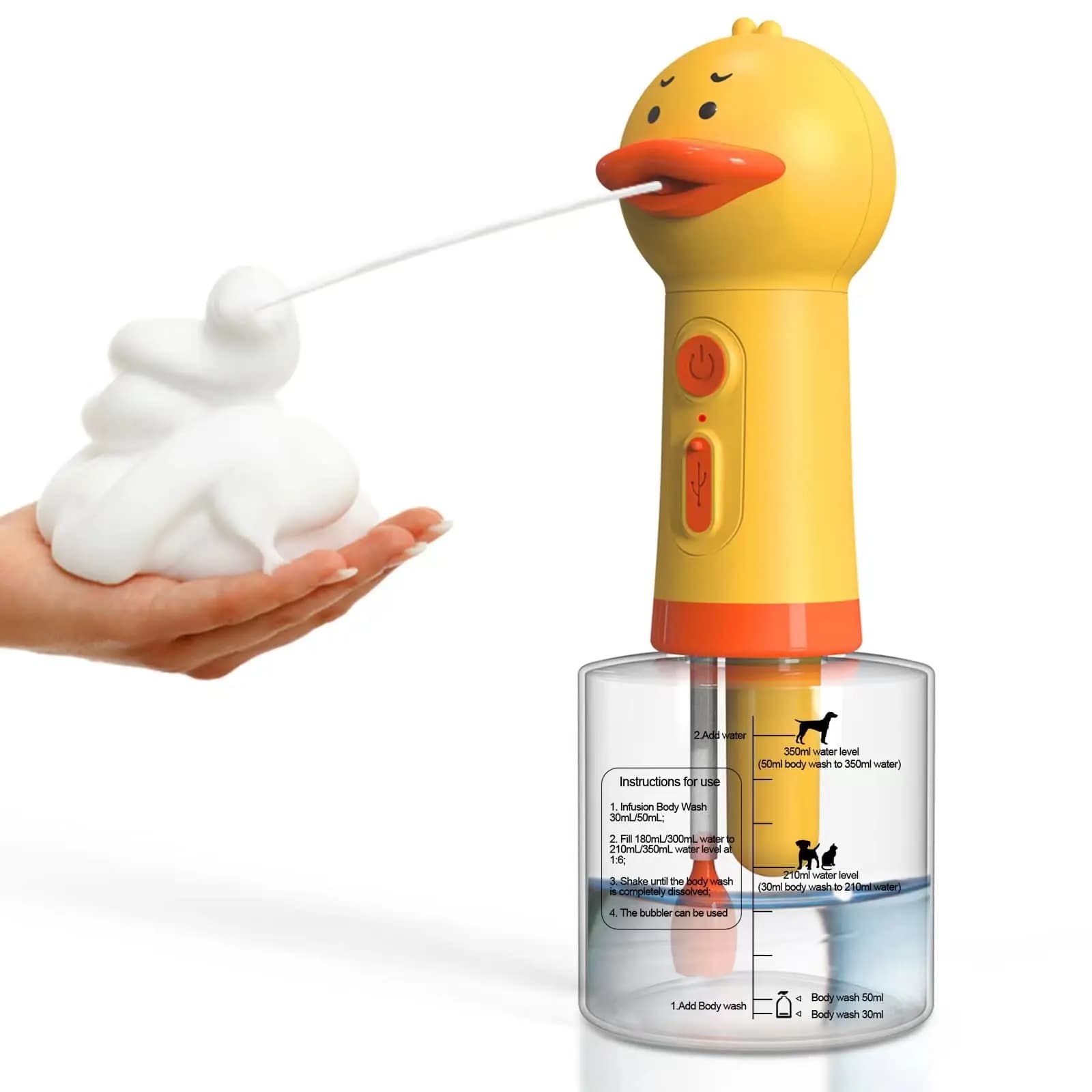 Lanciatore schiumogeno per bagno di anatra gialla Macchina elettrica per schiuma per animali domestici Dispenser automatico di sapone con ricarica USB per il bagno di cani e gatti