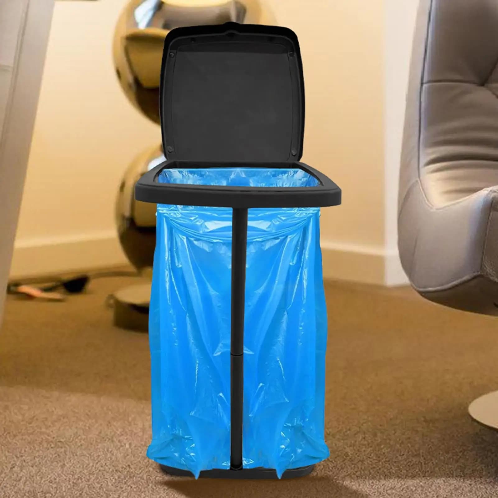 Contenitore per Rifiuti da Interno con Supporto per Sacchi, Porta Sacchi Telescopico, Struttura per lo Stoccaggio dei Rifiuti con Coperchio per Soggiorno, Giardino e Prato