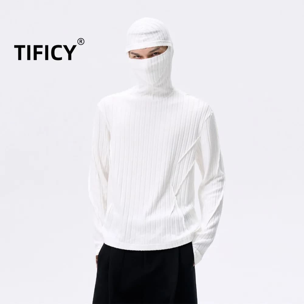 High Street Tees Maschera per il viso con cappuccio T-shirt Pullover da uomo Pioneer Raya verticale Sensazione di velluto Autunno Base lavorata a maglia Tshirt Top