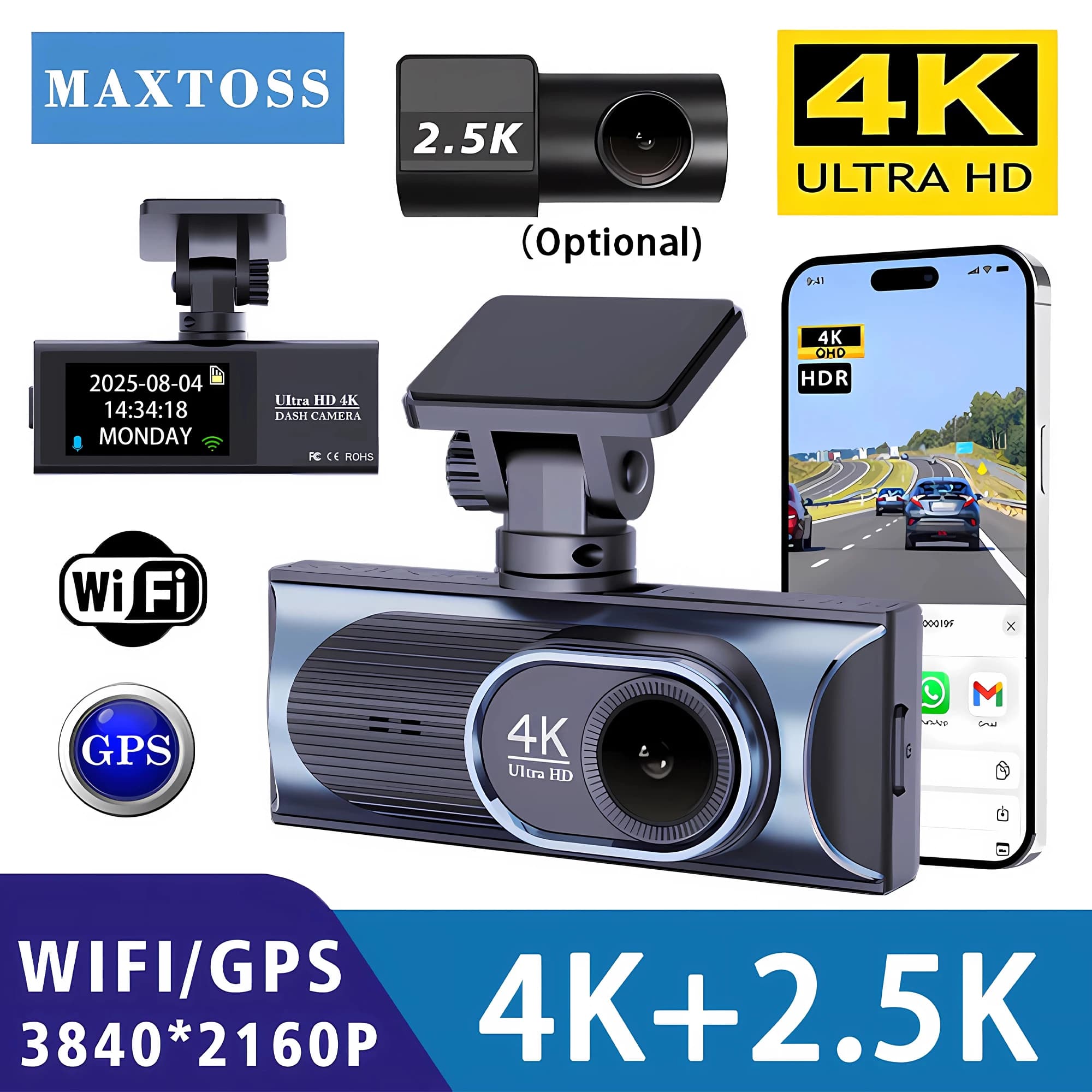 Dash Cam 4K WIFI with GPS, Video Camera for Car 2160P Front and 2.5K Back to Double lens, Night Vision, Sensor G, Black Box for Parking 24 Hours