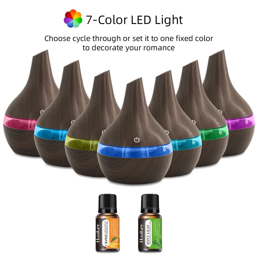 Umidificatore a venature del legno da 300 ml e diffusore di oli essenziali Idratazione da tavolo alimentata tramite USB, funzionamento ultra silenzioso, include 2 oli aromatici