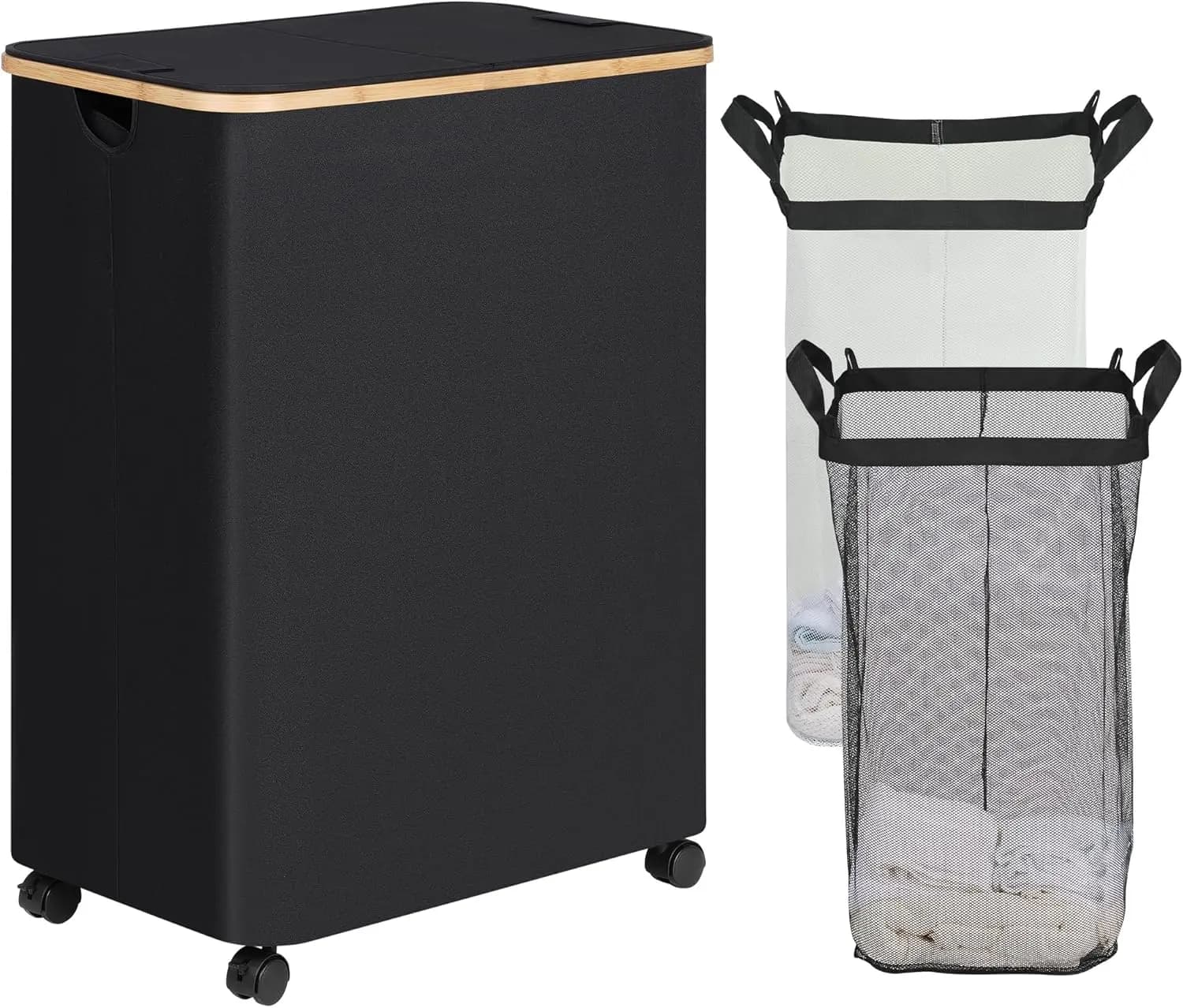 Double Wallet Basket with Wheels, Divided Basket with Removable Bags, Organizer 2 Parts for Home, 160L Black Dark