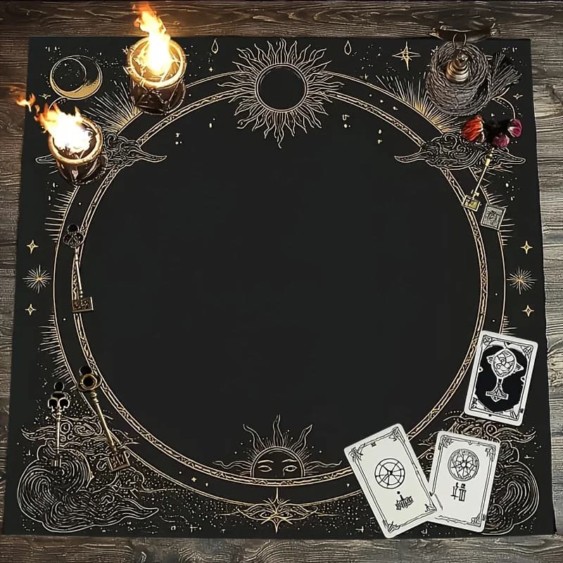 Tappeto da Divinazione con Motivo Nuvole Orientali, Cielo Nero Oro Sole Luna, per Carte dei Tarocchi, Panno da Altare Bianco, Tappetino per Layout