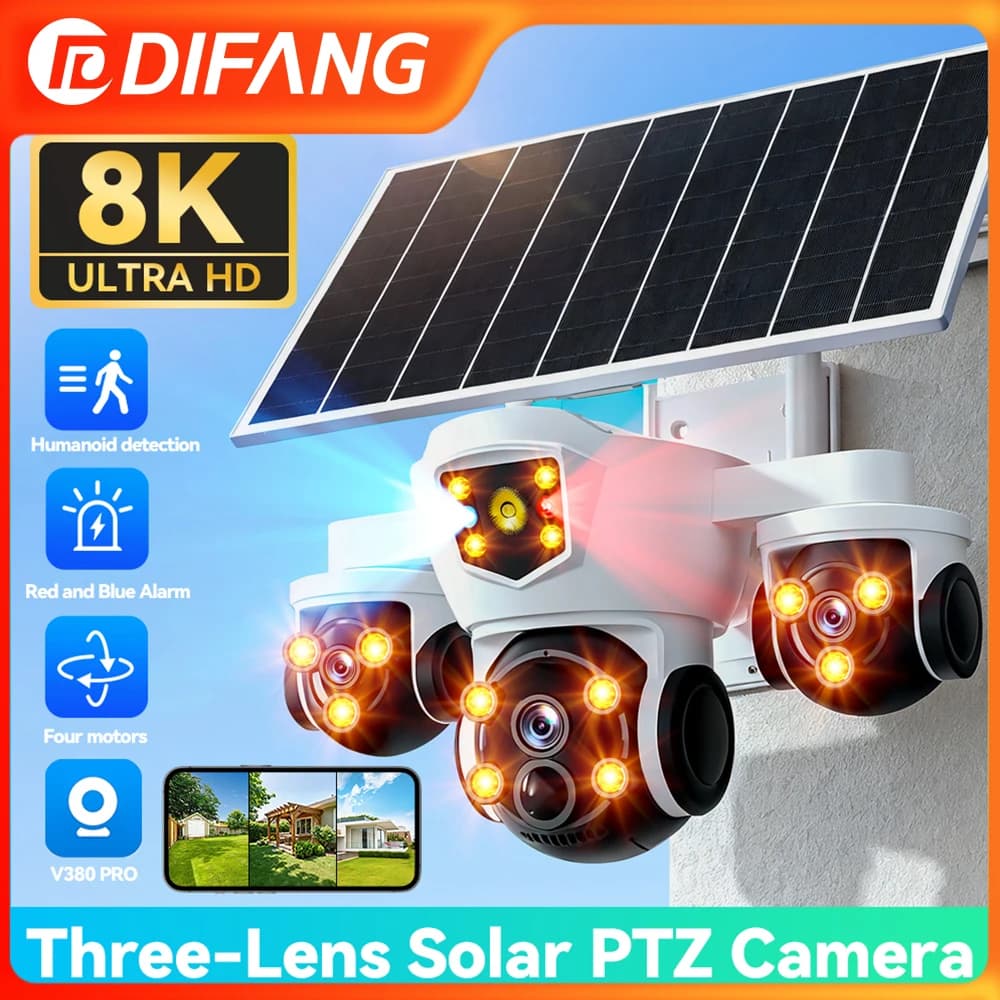 Telecamera di Sicurezza Solare V380 20MP WIFI con Zoom 10X, 3 Lenti, 3 Schermi, Wireless per Esterni, Tracciamento Automatico, Visione Notturna CCTV