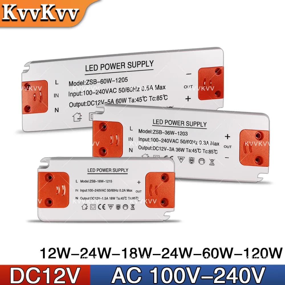 Driver LED 12W 18W 24W 36W 60W 120W Alimentatore LED AC 110 220V Alimentatore DC12V Adattatore trasformatore LED per luci di striscia LED