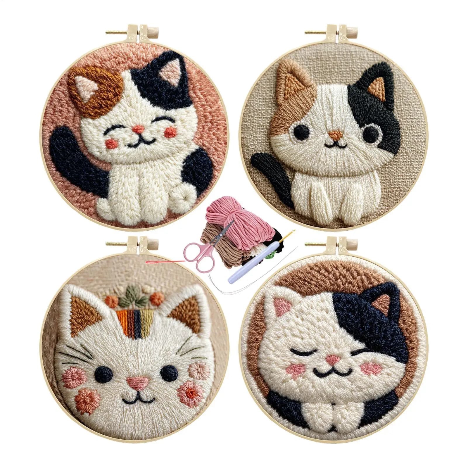 Punch Needle Kit Cute Cat Theme Embroidery Set Needle Punch for Adults Beginners Kids Stress Relief Toys Birthday Party Gifts