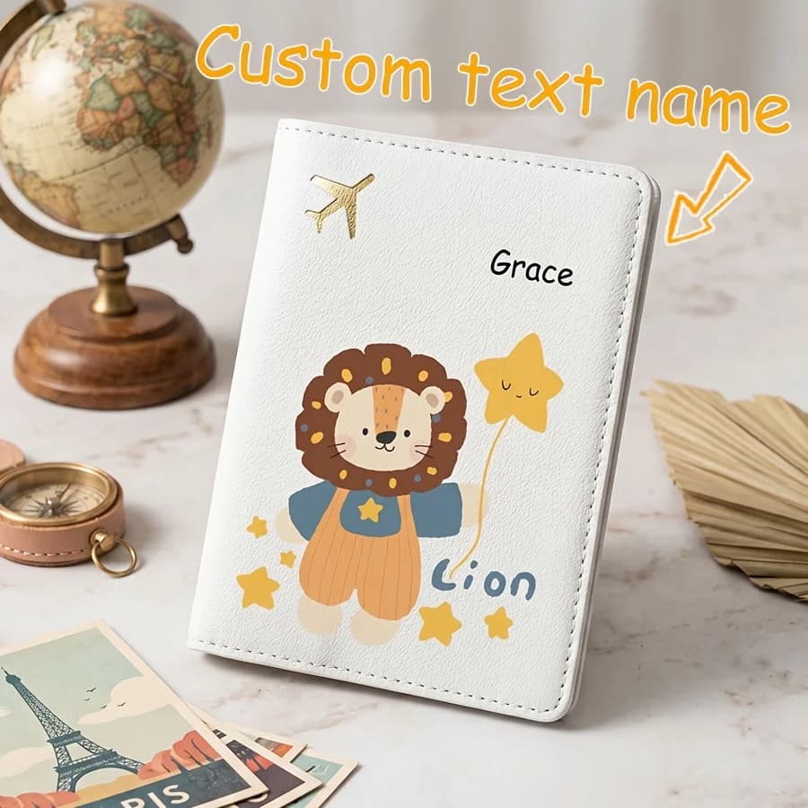 1 Personalized Passport Holder with Protective Cover • Custom Name/Text • Cute Cartoon Lion Pattern Design • Ideal Travel